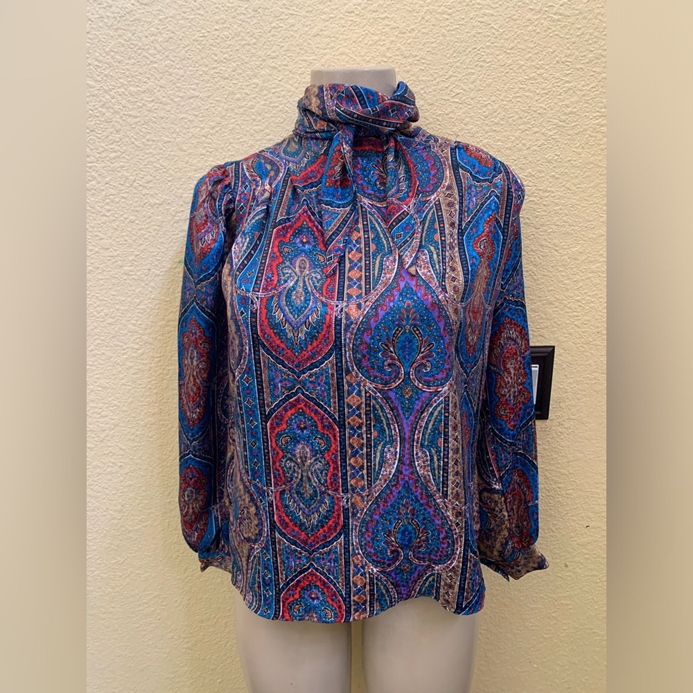 VTG Eva Laurel New York Size 10 Multicolored Satin Tie Neck Long Sleeve Blouse
